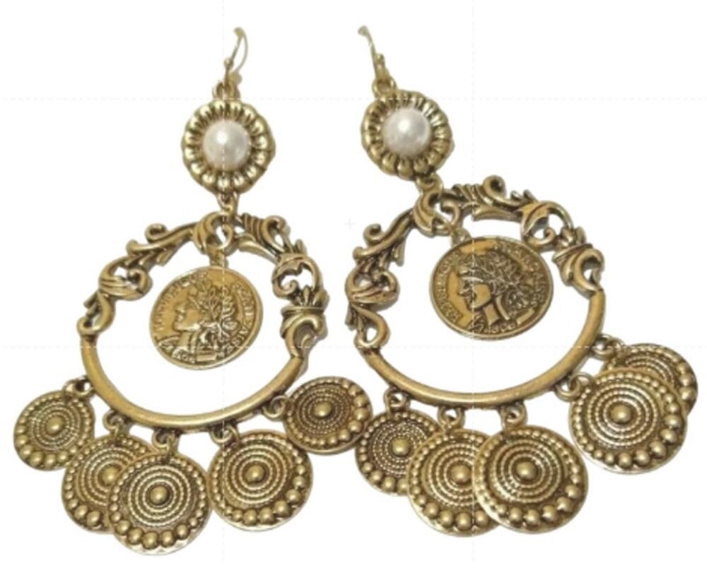 Mia Collection Pearl Gold Tone Ornate Dangling Coin Disc Chandelier Earrings